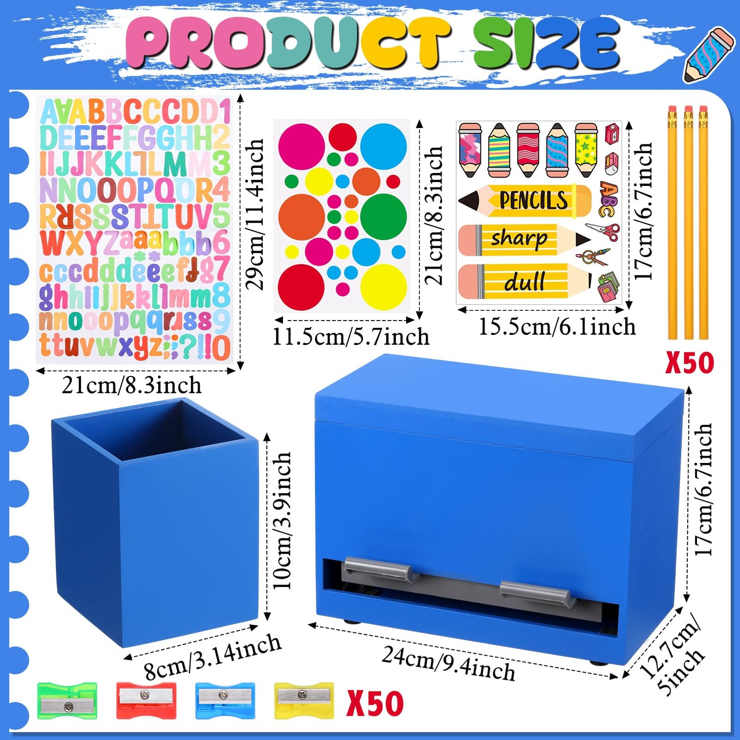 Watersay 108 Pcs Pencil Dispenser Kit for Classroom Wooden Sharp and Dull Pencil Holder 50 Pencils 50 Sharpener 6 Sticker Classroom Teacher Must Have Straw Dispenser for Back to School(Royal Blue)