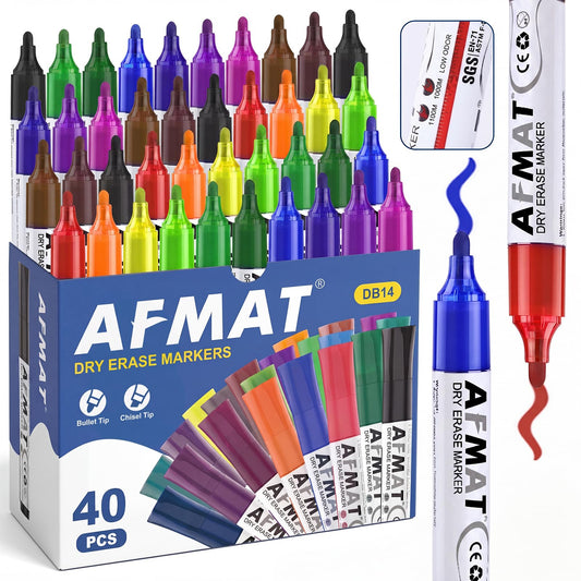AFMAT Dry Erase Markers, Liquid Bullet Tip Whiteboard Markers with Visible Ink Window, Low Odor & Non-Toxic, 3X Large Capacity, No Residue for White Board, Classroom, Office, Home, 13 Colors, 40 Pack