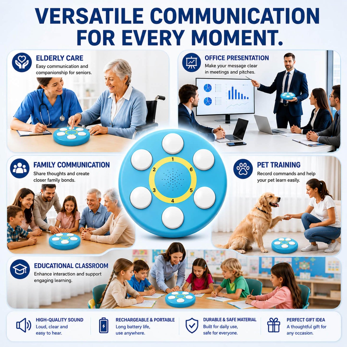 6-in-One Voice Recording Button, Dogs cat Talk& Speaking Buttons for Communication Pet Animal Training Buzzers, Classroom Fluent Answer 30 Second Record & Playback, Funny Gift for Study Office Home