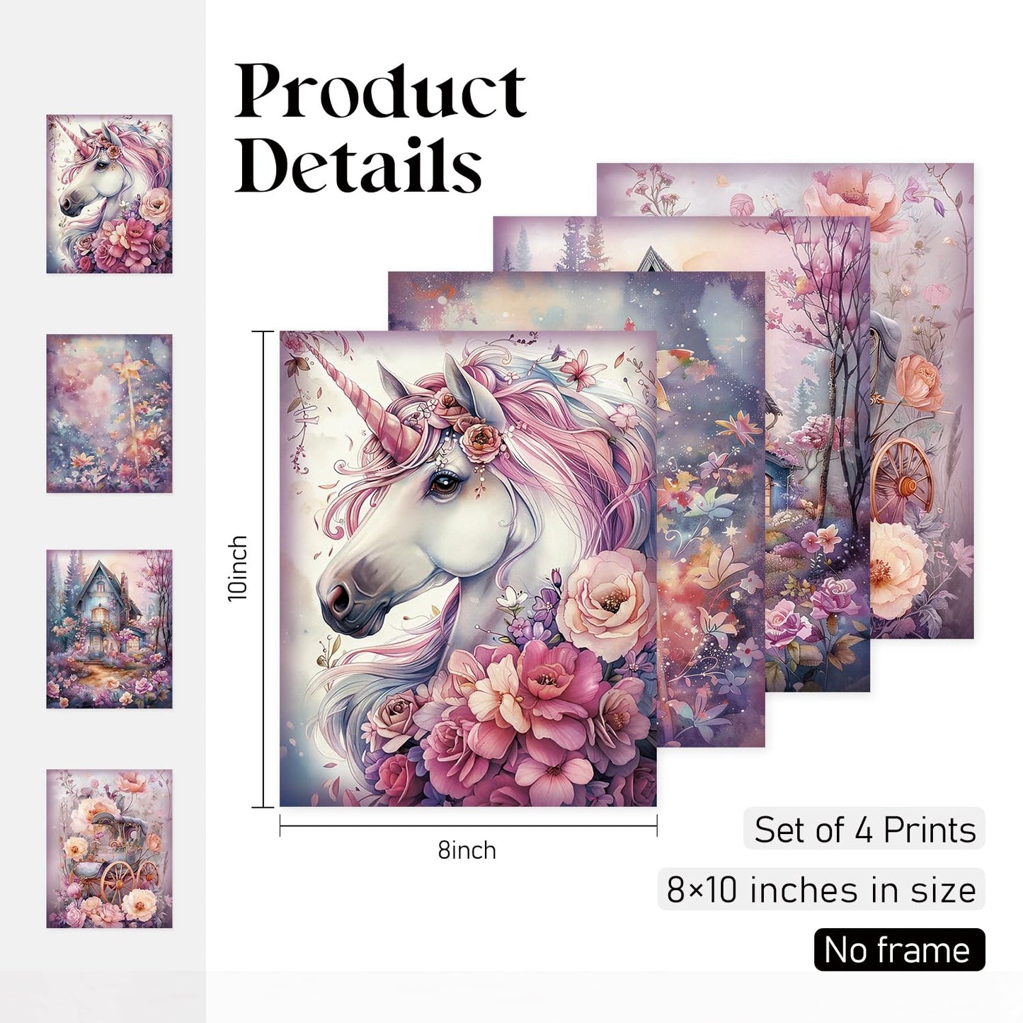 Locomiss Enchanted Forest Fantasy Horse Floral Wall Art Decor, Whimsical Mystical Fairytale Carriage Prints Posters for Girl Nursery Toddler Girls Room Bedroom Wall Decor, Set of 4, 8x10 Unframed