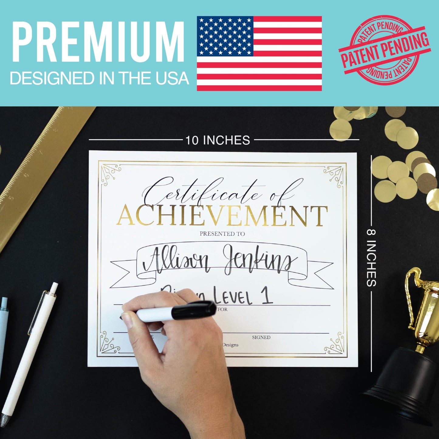 Certificate of Achievement Awards -25 Bulk Award Certificates for Students & Employee of the Month, Gold Certificate Paper, Superlative Academic Excellence End of School Certificates of Completion