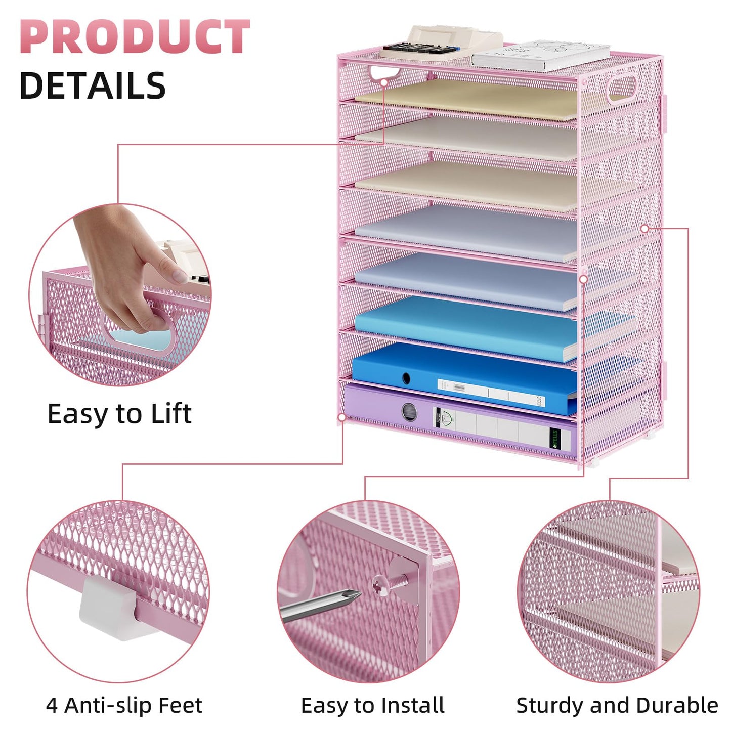 Marbrasse Paper Organizer Letter Tray, 9 Tier Mesh File Organizer with Handle, Paper Sorter Desk Organizer for Home Office Supplies - Pink