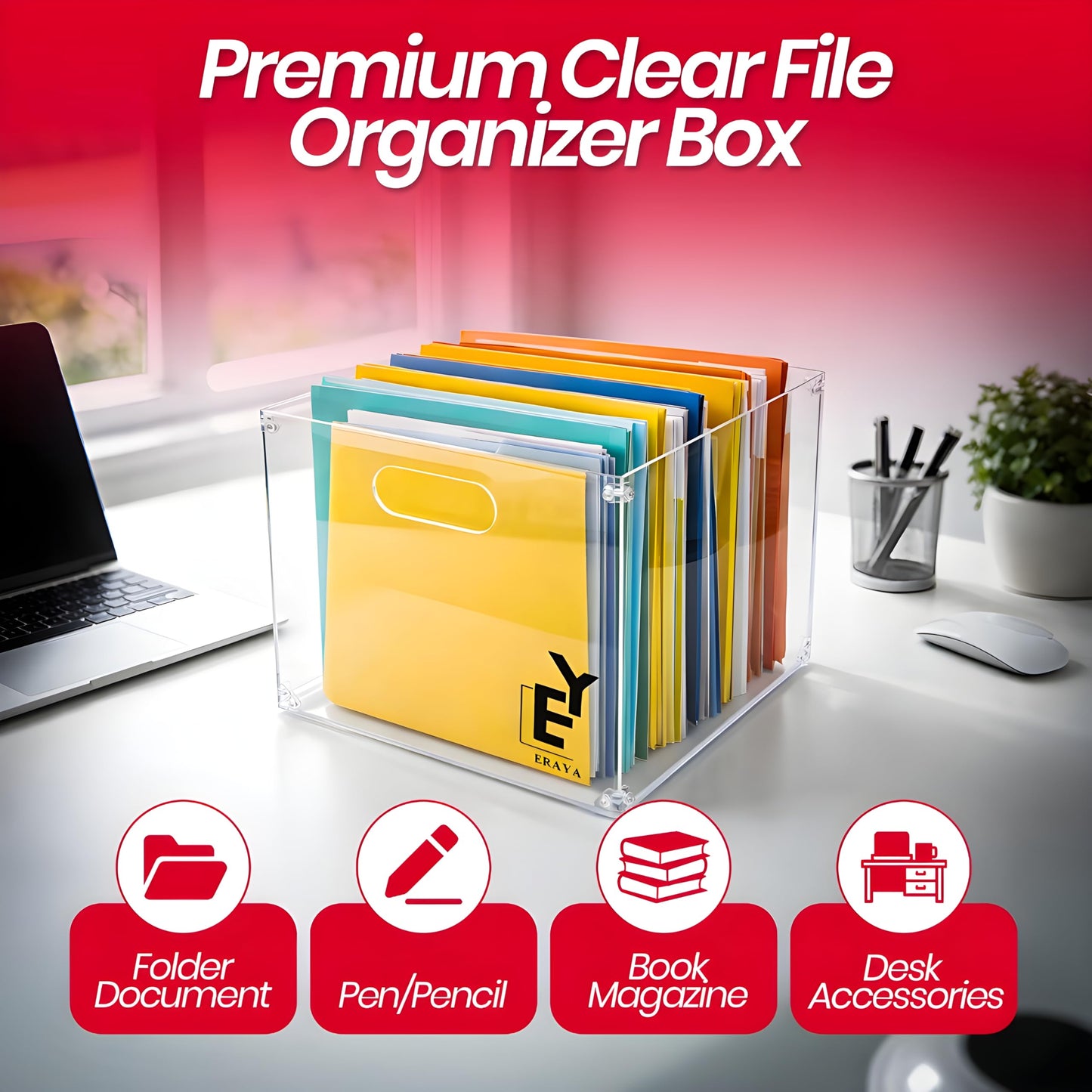 ERAYA Clear Acrylic File Organizer with Handles, Portable Hanging File Box for Letter/A4 Documents 8.5"x11", Sleek Desktop Storage for Office, Home, Study, Magazines, Notebooks, and School Supplies