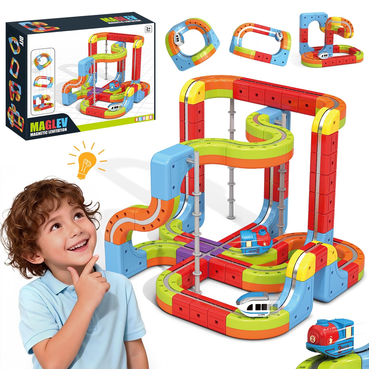 YESHIN Electric Train Set 3D Gravity-Defying Magnetic Train for Kids 3-12, DIY Modular Reconfigurable Race Cube Track Kit, STEM Educational Building Toy for Boys Girls Birthday (88pcs)