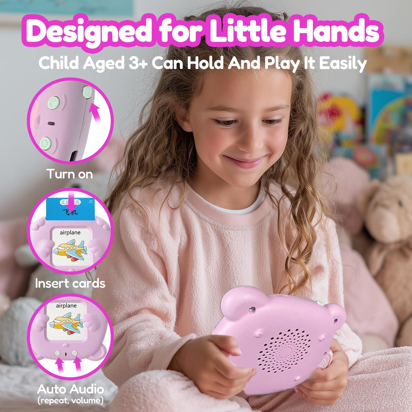 MoLingvora Bilingual Talking Flash Cards for Kids - Mandarin English Flashcards Children Adults, 510 Sight Words, ABC Alphabet, Pocket Speech for Toddlers, Audible Sensory Toys (Chinese, Pink)