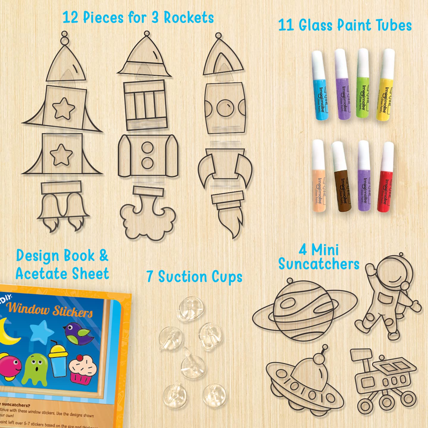 Imagimake Window Art Rocket | Low Mess Suncatcher Kit | 16 Pieces Glass Painting Set | Kids Activities Ages 5-8 | DIY Craft Kit | Birthday Gift for Boys & Girls Ages 5,6,7,8,9,10,12 Years Old
