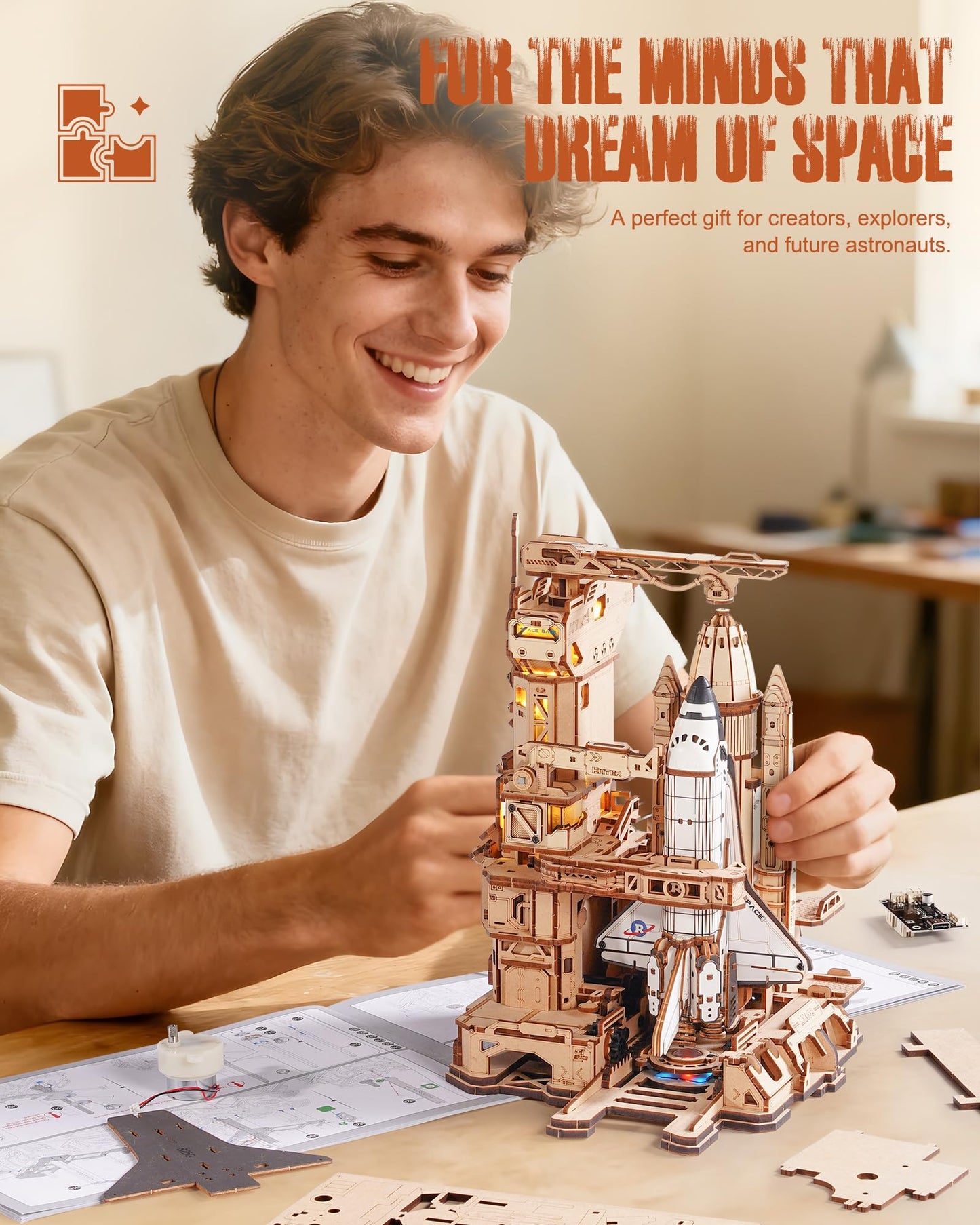 ROBOTIME 3D Space Shuttle Wooden Puzzle for Adults, Dynamic Rocket Launch Model Building Kits with Lights, AS Home Desktop Decoration for Men Gifts (446 Pieces,8 Hours Finished)