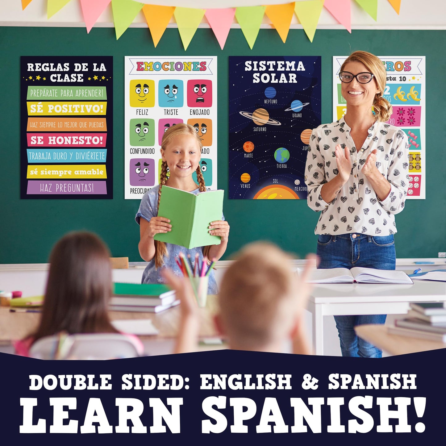 16 Laminated Educational Writing Posters for Kids (English & Spanish) - Double-Sided Learning Charts, 32 Total Designs, Classroom & Homeschool Supplies