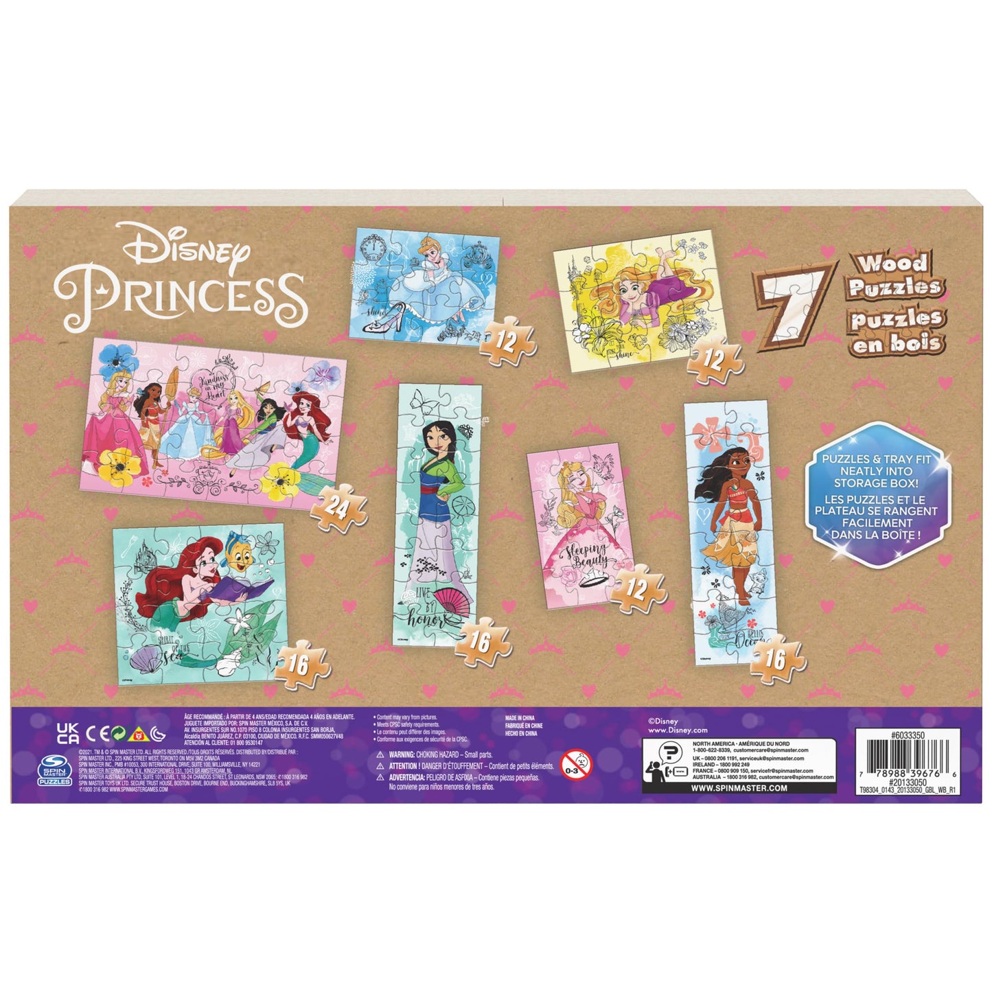 Spin Master Games, Disney Princess Puzzles, 7-Pack, Jigsaw Kids Puzzles, 12, 16, & 24 Pieces, Featuring Ariel, Tiana, Rapunzel, Pocahontas, Storage Tray, for Ages 4 & Up