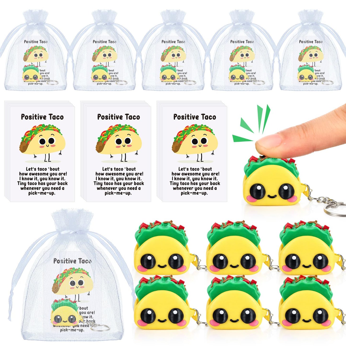 Junkin 24 Sets Taco Clicker Fidget Keychain 3D Printed Clicker Fidget Decompression Button Stress Relief Gifts with Positive Cards for Graduation Employee Coworker Staff Team Nurse Teacher