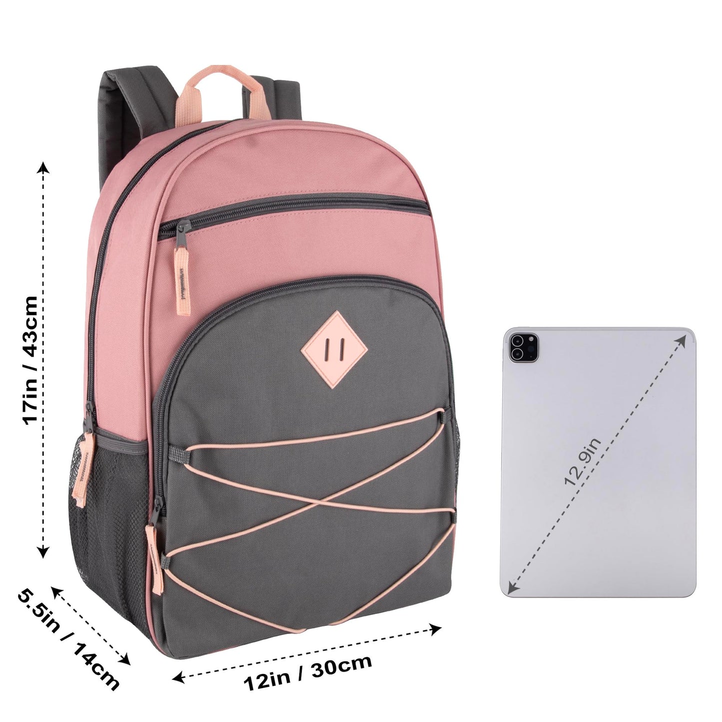 Summit Ridge Boys and Girls School Backpacks with Bungee Cord Front | 17” Multi Pocket Backpack for Kids, Teens, Adults, Travel (Pink/Grey)