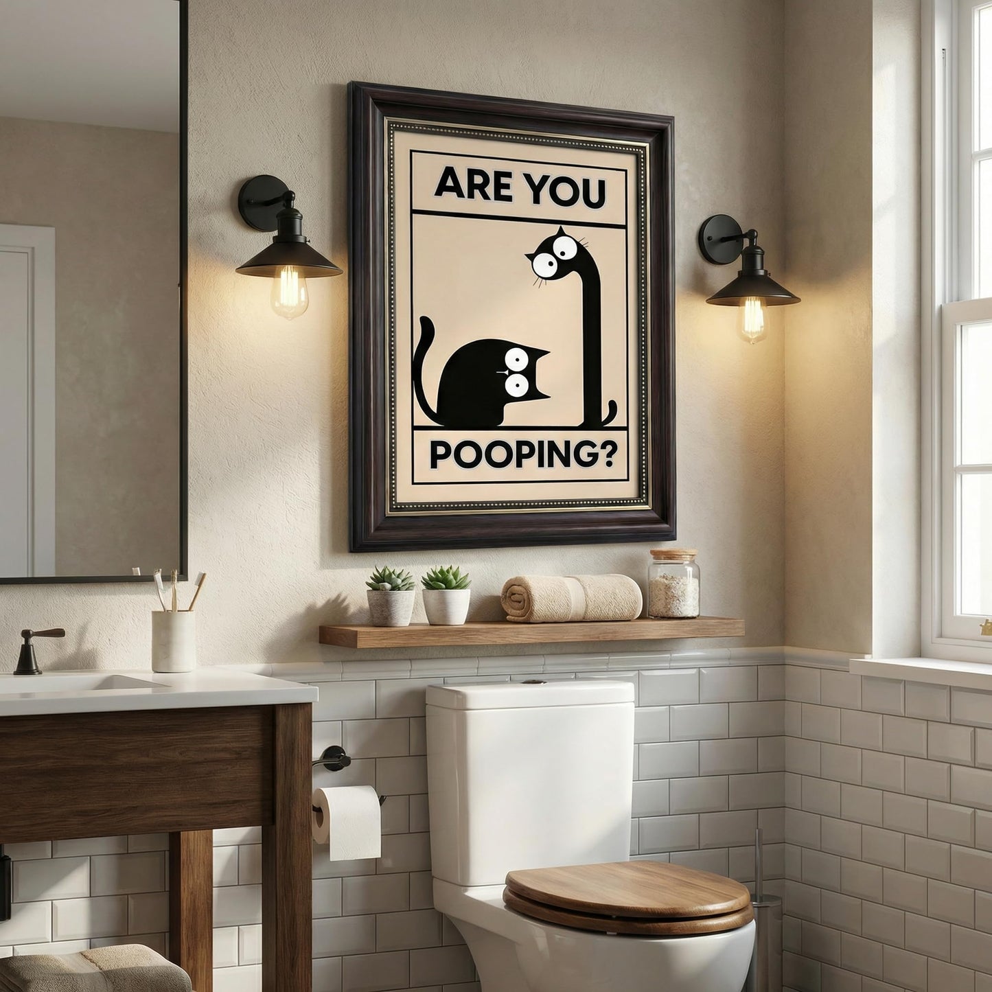 Dark Brown Framed Funny Bathroom Cat Canvas Wall Art Are You Pooping Wall Decor Picture Humor Bathrooms Animal Poster Print Painting for Toilet And Restroom Prepare To Hang