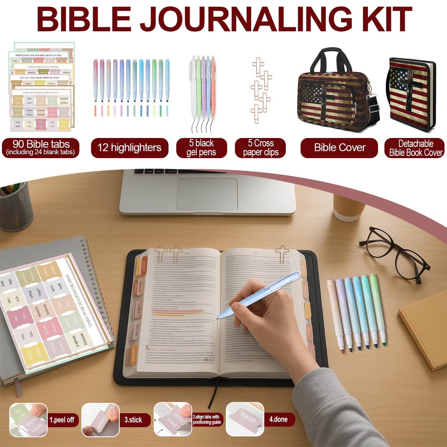 American Flag Cross Bible Cover Case for Women Men Boys, Large Bible Bag Book Carrying Case with Strap & Handle Zipper Pocket, Bible Study Supplies Journaling Kit, Highlighters and Pens Cross Clips