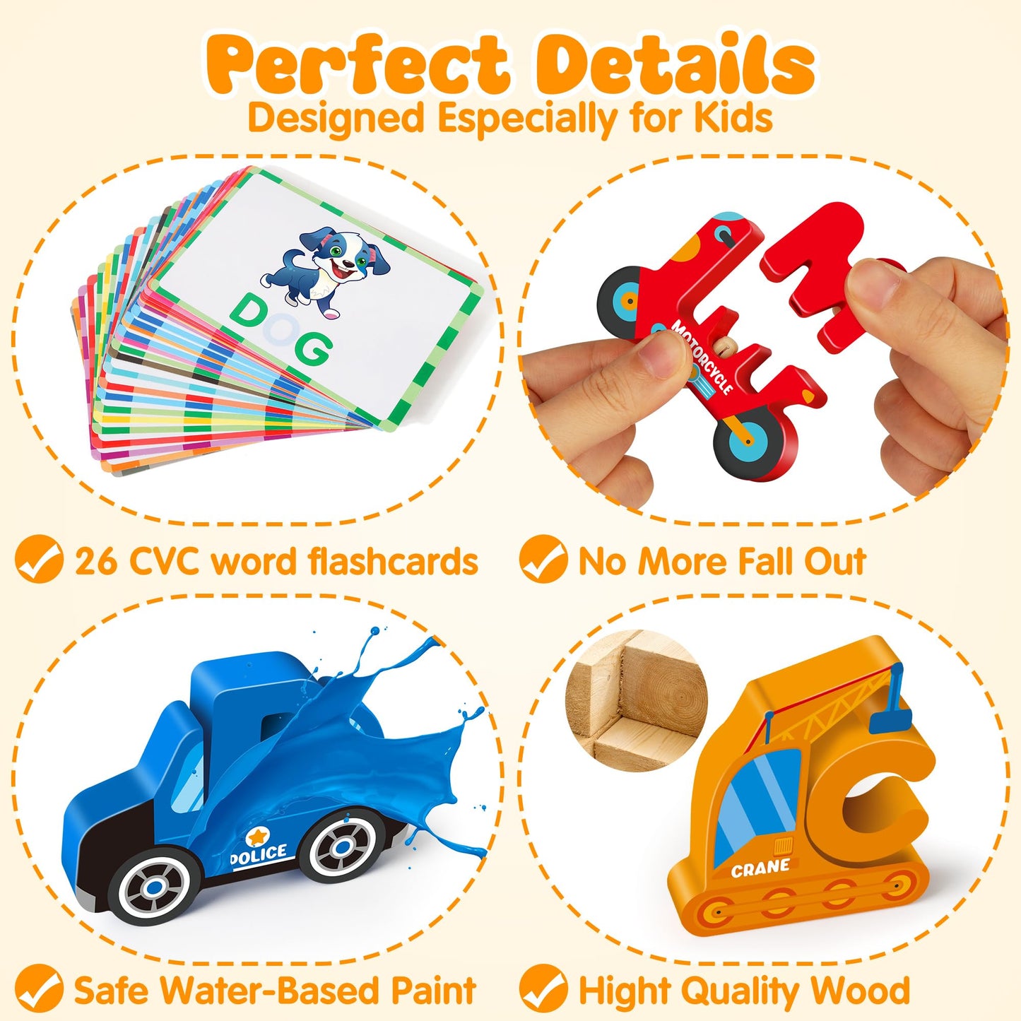 Vanmor Wooden Vehicle Alphabet Puzzle for Toddlers, Traffic ABC Letter Sight Words Matching Game with 52 Blocks and Flash Cards, Spelling Game Toys, Kindergarten Preschool Learning Activities