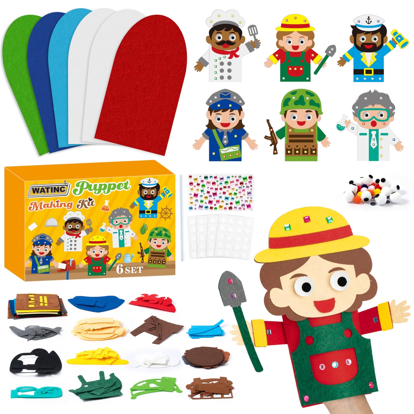 WATINC 6Pcs Hand Puppet Making Kit, Art Craft Felt Sock Puppet Toys, Creative DIY Make Your Own Pompoms Wiggle Googly Eyes Storytelling Role Play Party Supplies Gift for Girls Boys (Career B)