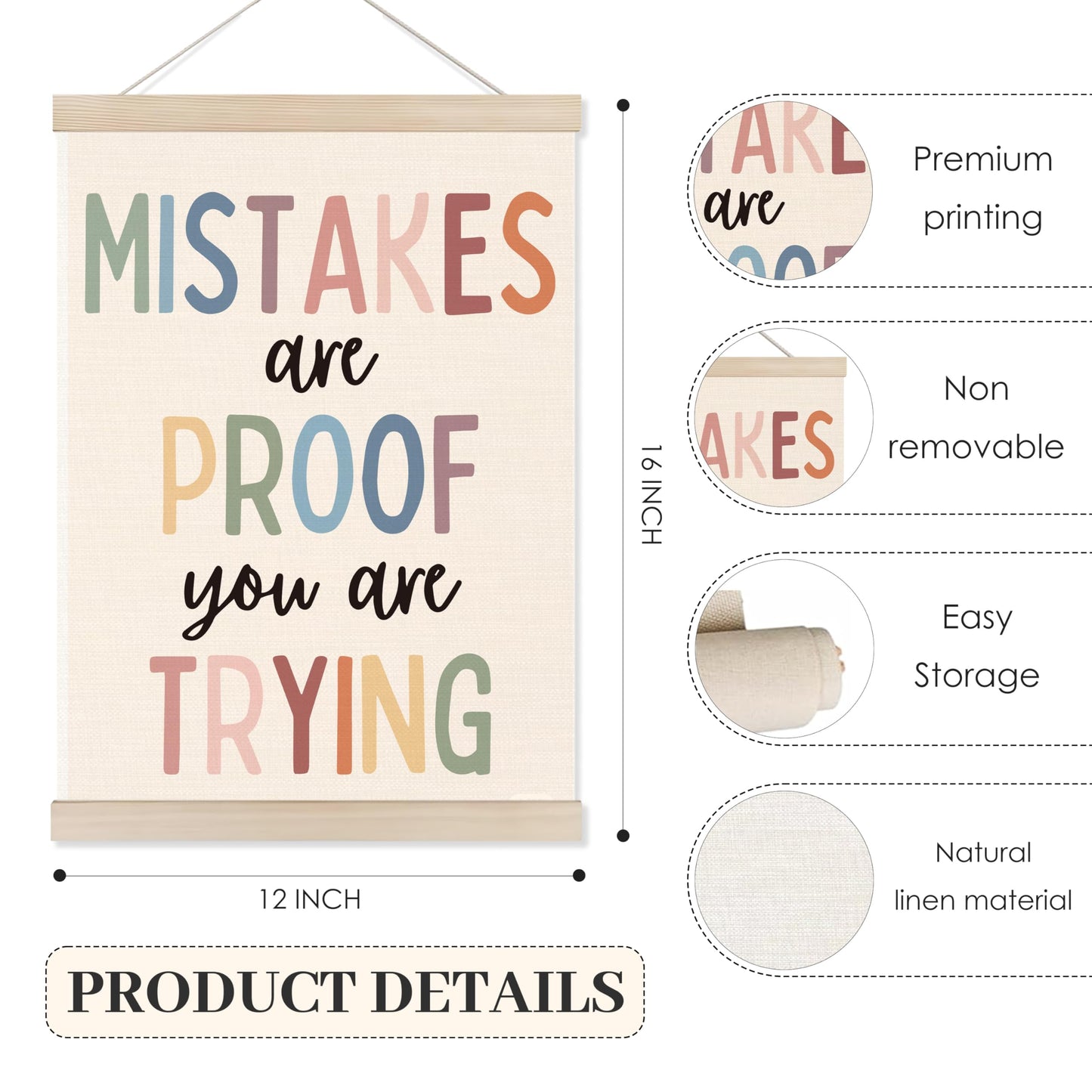 Koesus Boho Mental Health Wall Art Poster Hanger Frame 12x16 Inch, Mistakes Are Proof You Are Trying Inspirational Quotes Canvas Pictures Prints Framed Wall Decor for Classroom Therapist Office