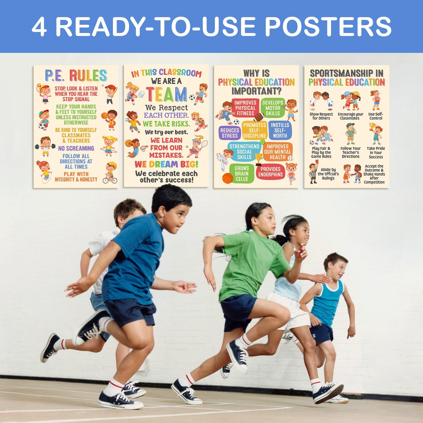 Lalunia 4 Pcs Classroom Exercise Posters (11x16) - Physical Education Class Rules Poster Decoration, Welcome to P.E Wall Art, Kids Workout Activity, Sports Education Supplies for PE Teachers