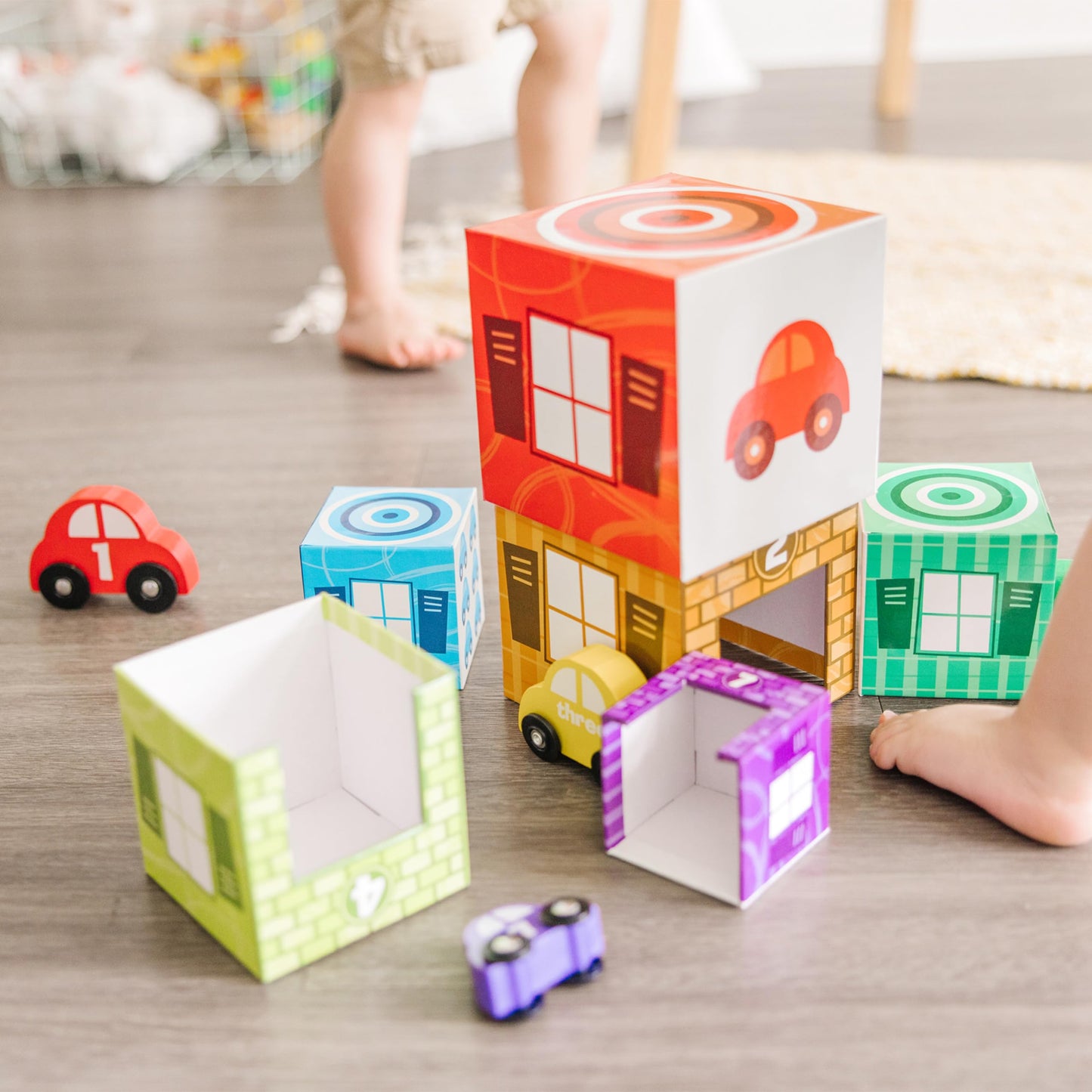 Melissa & Doug Nesting and Sorting Garages and Cars with 7 Graduated Garages and 7 Stackable Wooden Cars - FSC Certified