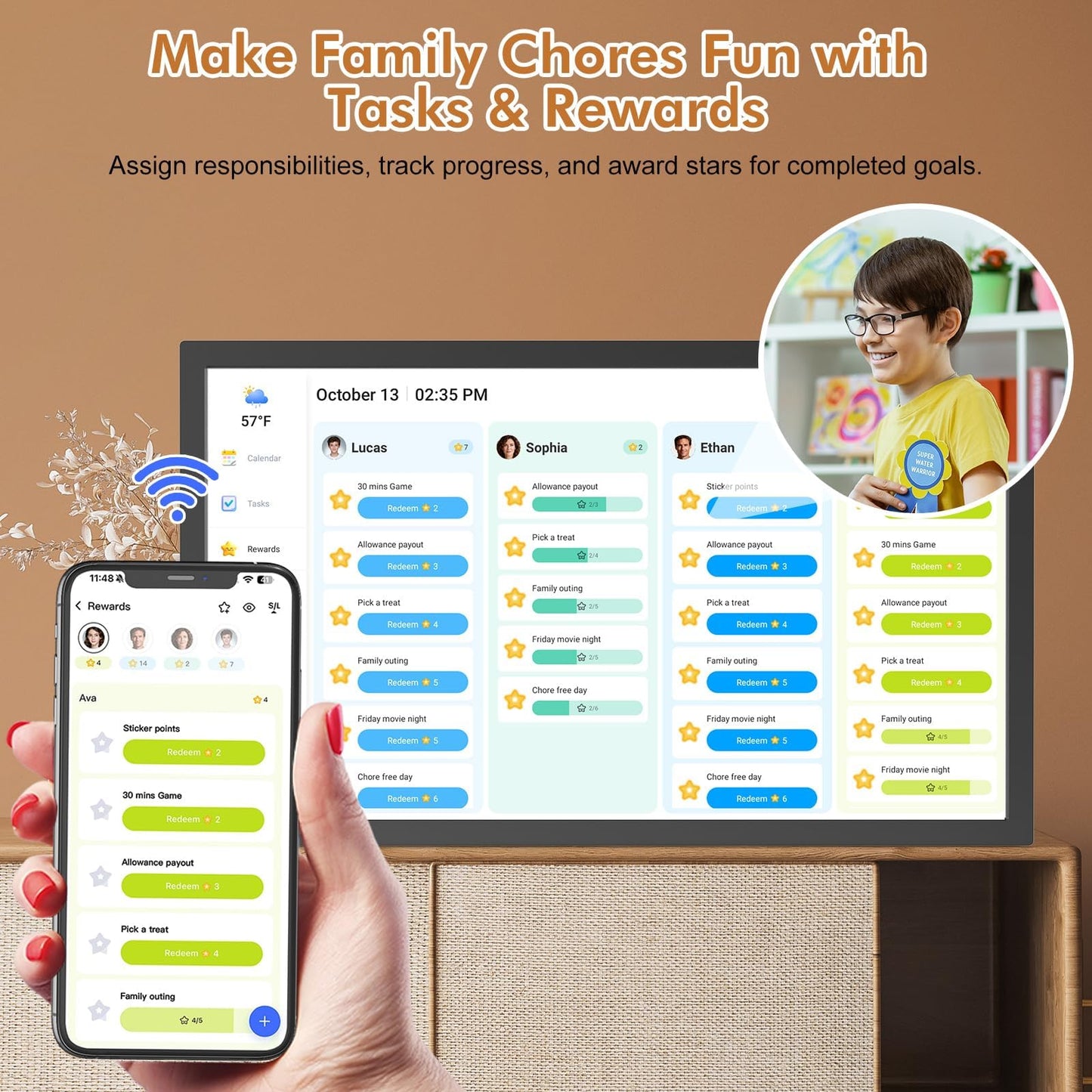 27-inch Wall Planner Digital Calendar-Chore-Chart - Full HD Interactive Touchscreen, Electronic Calendar, Task Rewards System, No Subscription, Sync Online Cal Via App, Wall Mountable, Gift for Dad