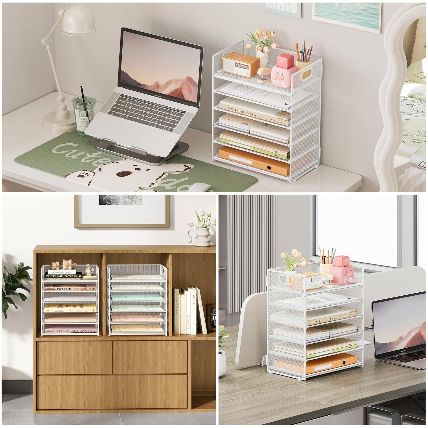 Subekyu 6-Tier Desk Paper Organizer, Desktop File Letter Tray with Handle, Document Sorter and Accessories Holder for Office, Home and School Workspace Organizers, White - 2 Pack