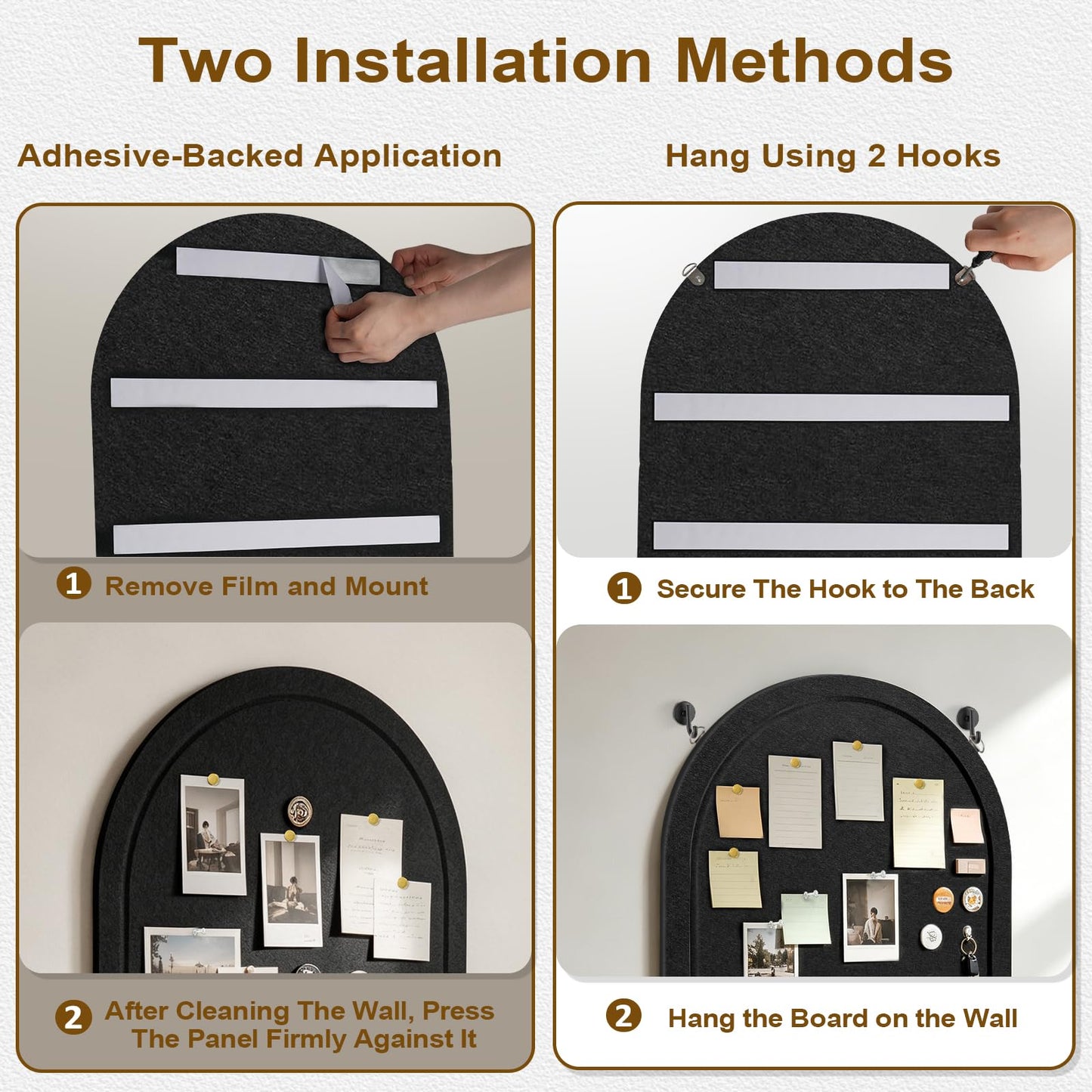 Arched Felt Bulletin Board, Sized 24" x 18" Cork Board Alternative Grooved Edge Foldable for Office & Wall, Customizable Adhesive Tiles with Pins Hooks for Photo Display School Home Office, Black