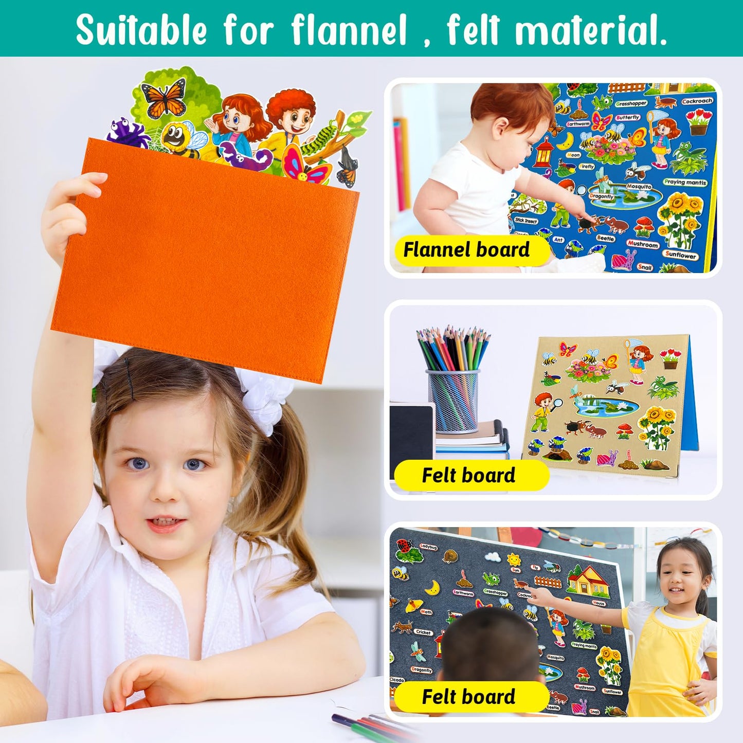 PENGFULL Felt Flannel Board Story Pieces for Toddlers Preschool,Kids Interactive Storytelling Teaching Play Kits for Flannel Board,with Words Felt Pieces(Insect Butterfly)