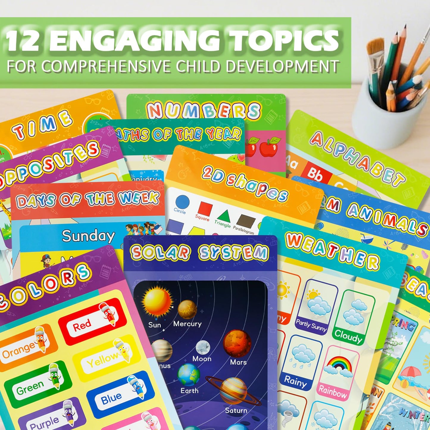 Educational Posters for Elementary Preschool Kindergarten Classroom Learning, Preschool Learning Posters for ABC Alphabet, Time, Number, Months, Colors, Weather, Galaxies , Animals, More, 16.5x11 Inch(12P Style C)