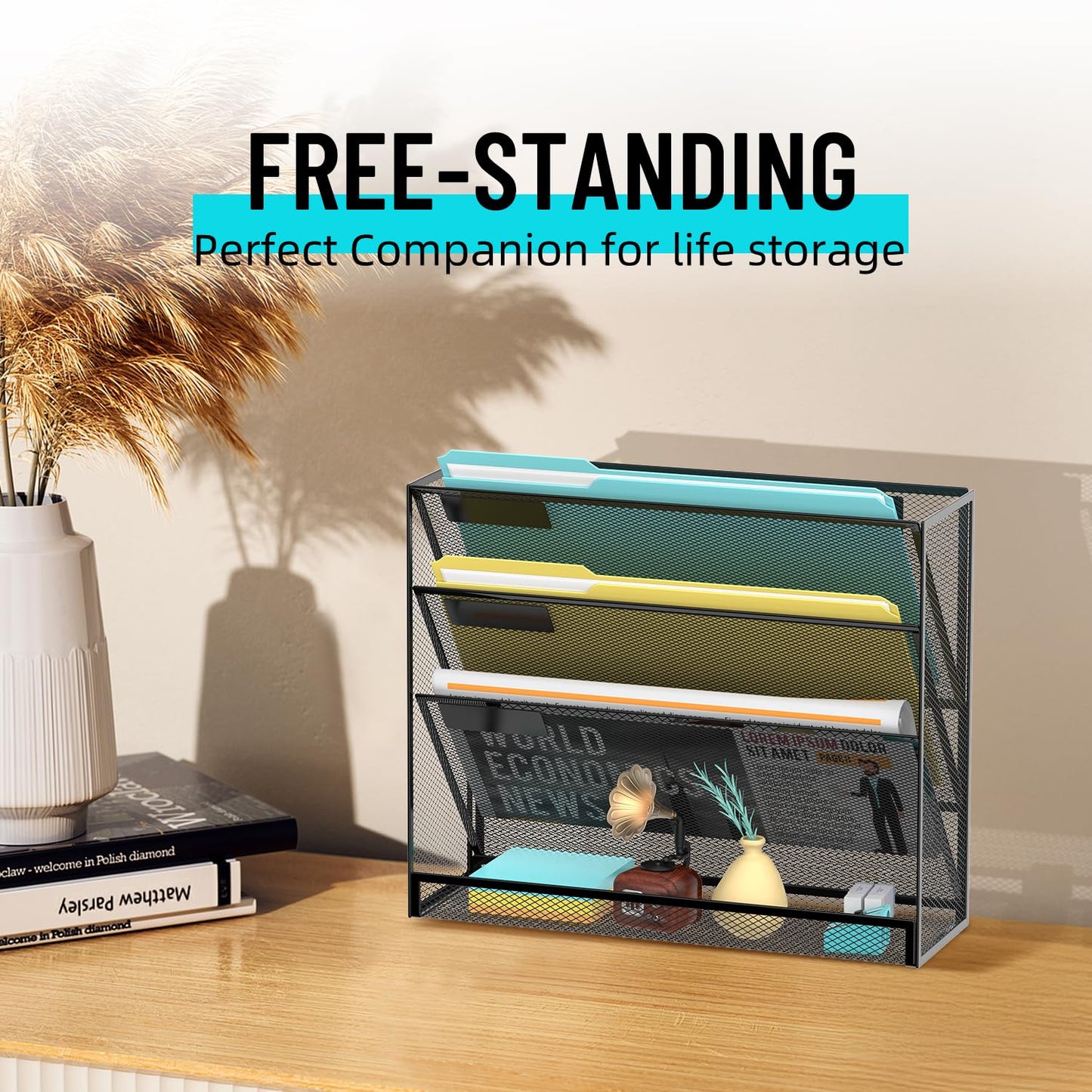 SUPEASY Wall File Organizer Mesh Office Mail Holder, Hanging Wall Organizer Magazine Rack for Office Black, 4 Tier