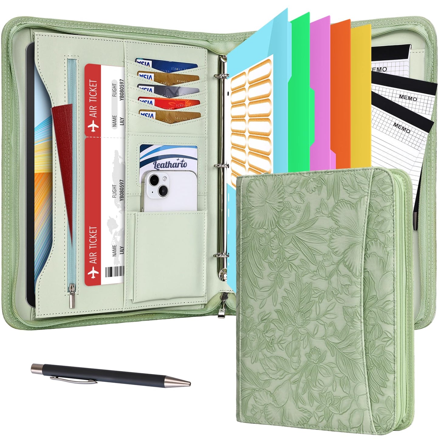 Leathario Portfolio Binder, Includes 10 Sheet Protectors and 3 Notepads, 3-Ring Folder Organizer, A4 Padfolio with Zipper, Vegan Leather Tablet Sleeve, Business Office Conference Clipboards