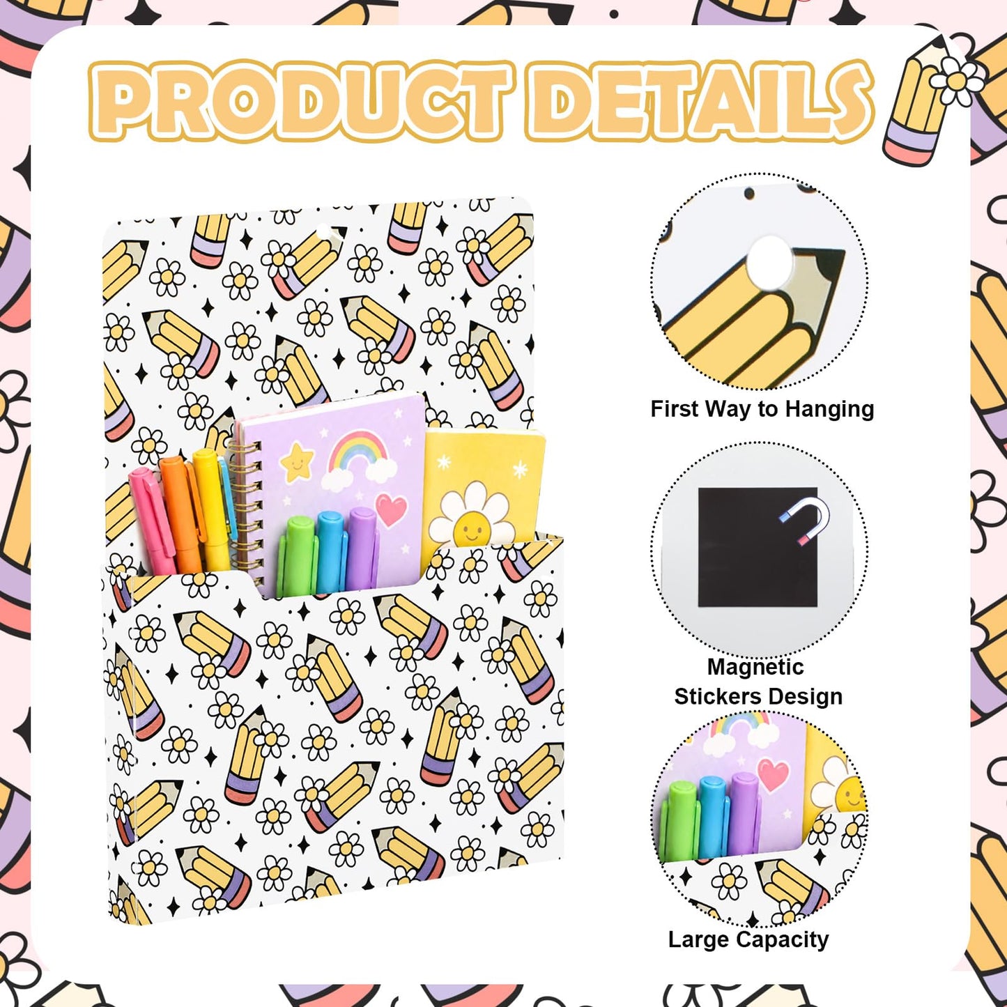 Gilprop 2 Pcs Pencil Flower Magnetic File Folder Holder Pocket File Organizer Classroom Decor Teacher Desk Accessories for Whiteboard Mail Paper Book No Drilling School Desk Door Classroom Essential