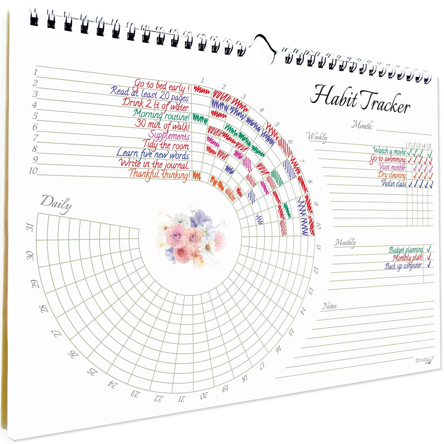 Habit Tracker Calendar (Undated 12 Month) Floral Design, Spiral Bound and Hanger, A4 Size (8,3"x11.7") Quality Heavy Paper, Monthly Habit Tracker Journal and Goal Tracker.