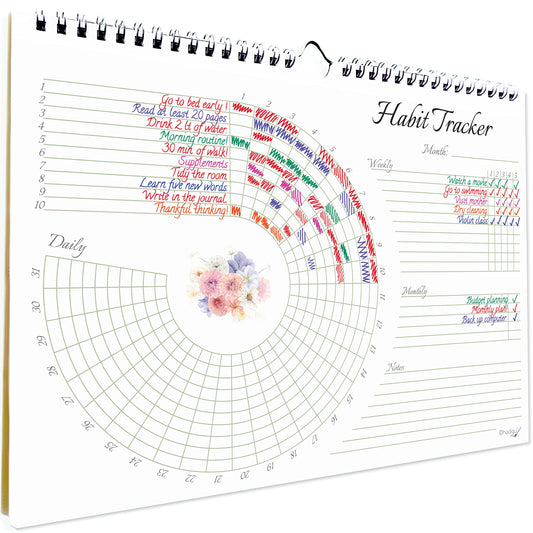 Habit Tracker Calendar (Undated 12 Month) Floral Design, Spiral Bound and Hanger, A4 Size (8,3"x11.7") Quality Heavy Paper, Monthly Habit Tracker Journal and Goal Tracker.