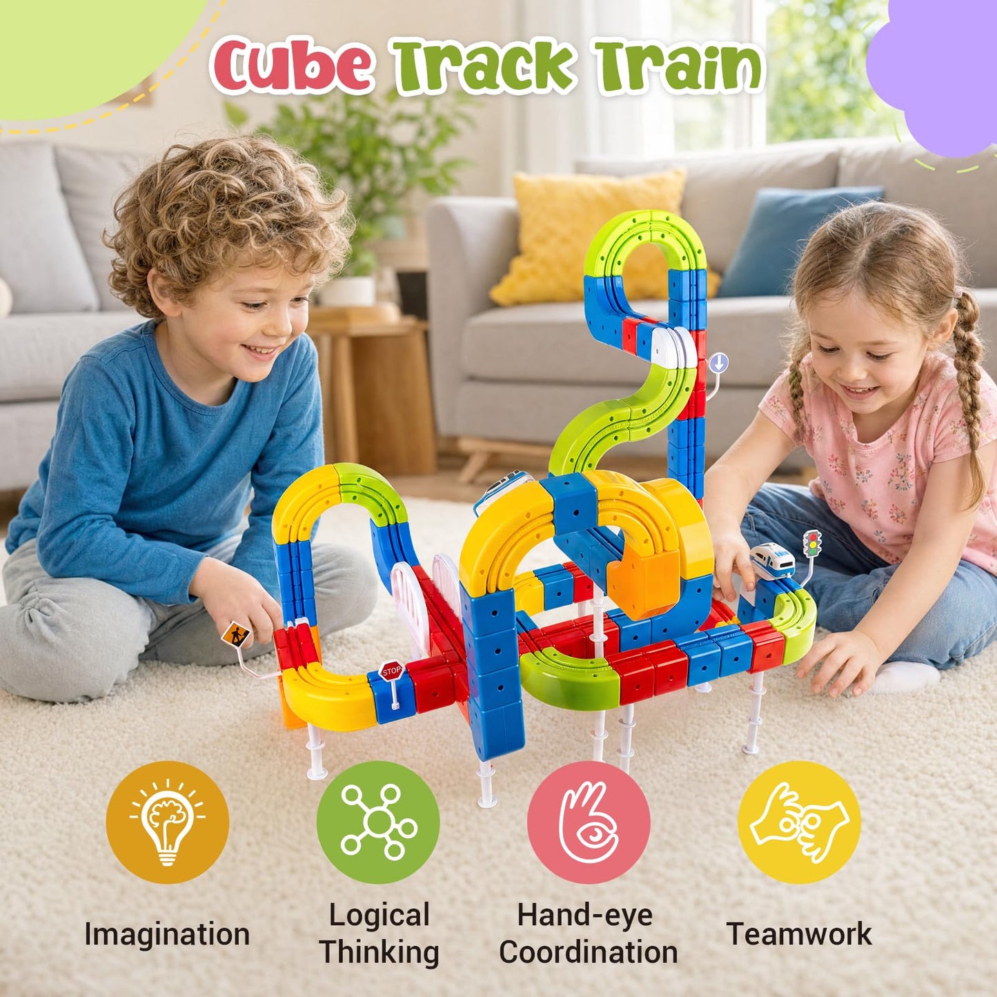 Electric Train Set for Kids, 147PCS (90 Track+2 Motorized Trains) 3D Gravity-Defying Cube Track, STEM Electric Train Set Educational Birthday Gift with Building Poster for Boys Girls Ages 3 4 5 6 7 8