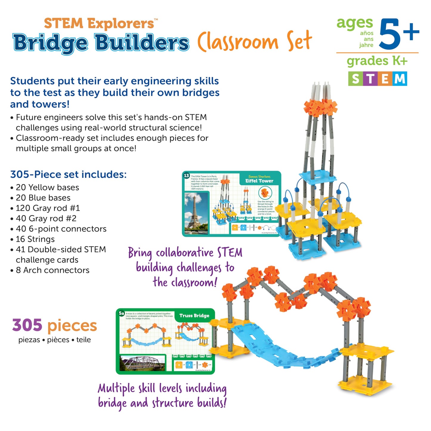 Learning Resources STEM Explorers Bridge Builders Classroom Set, 305 Pieces, STEM Projects for Students Ages 5+, Back to School and Teacher Supplies