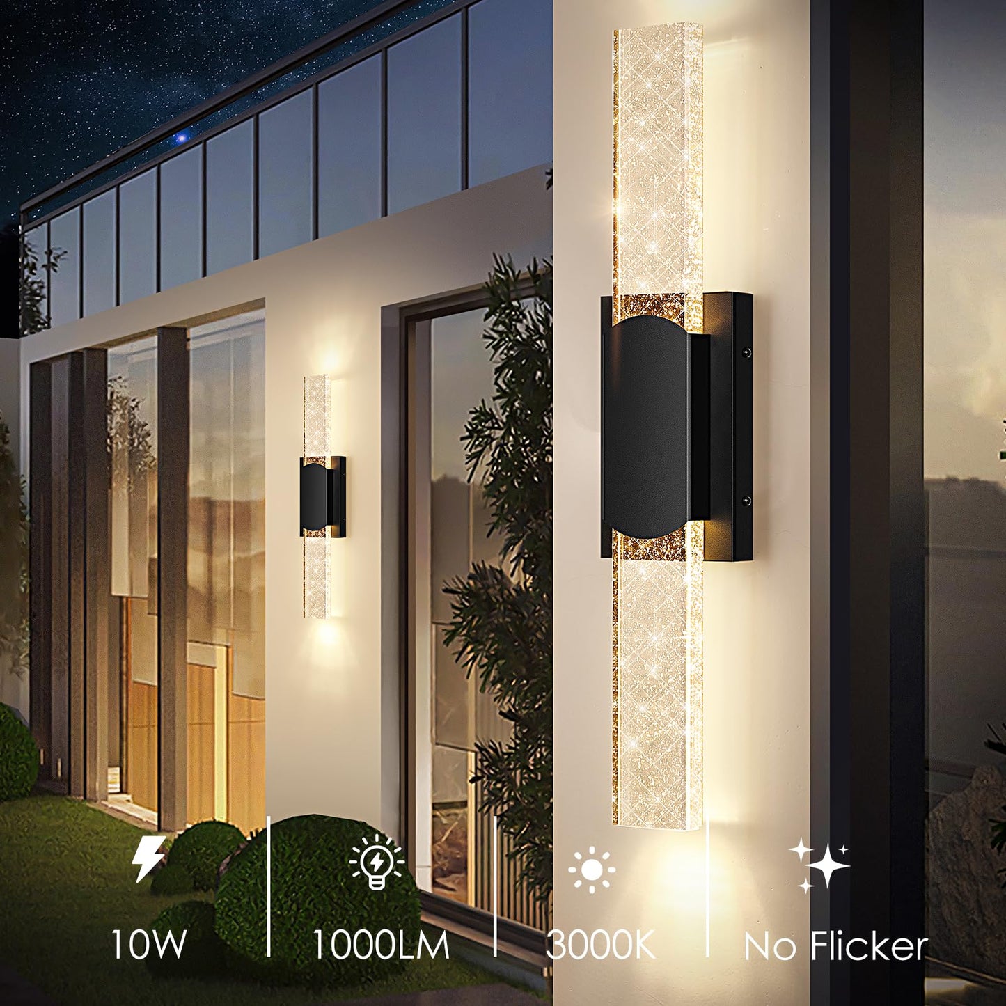 BesLowe Outdoor Wall Light Fixture, 23.5in Black Aluminum, Waterproof Crystal Bubble Glass, Model B04058L, LED Porch Light