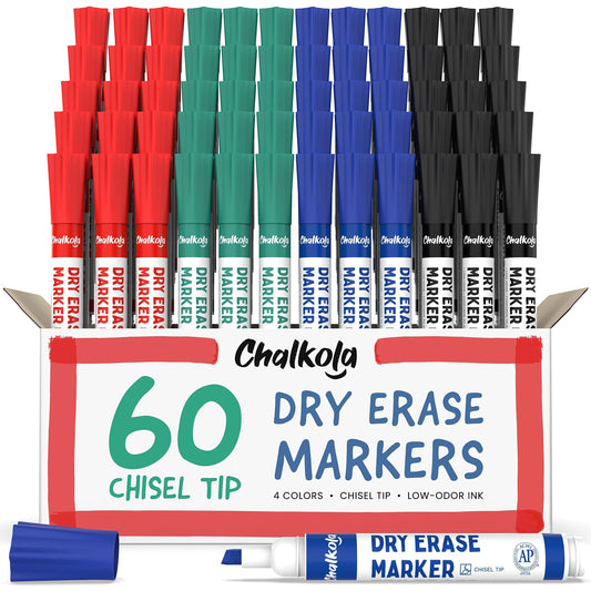 Chalkola Dry Erase Markers Bulk Pack of 60 Colors (15x Black, Red, Green Blue), White Board Markers Dry Erase Pens - Low odor Whiteboard Pens for Kids, Home, Office & Back to School Supplies