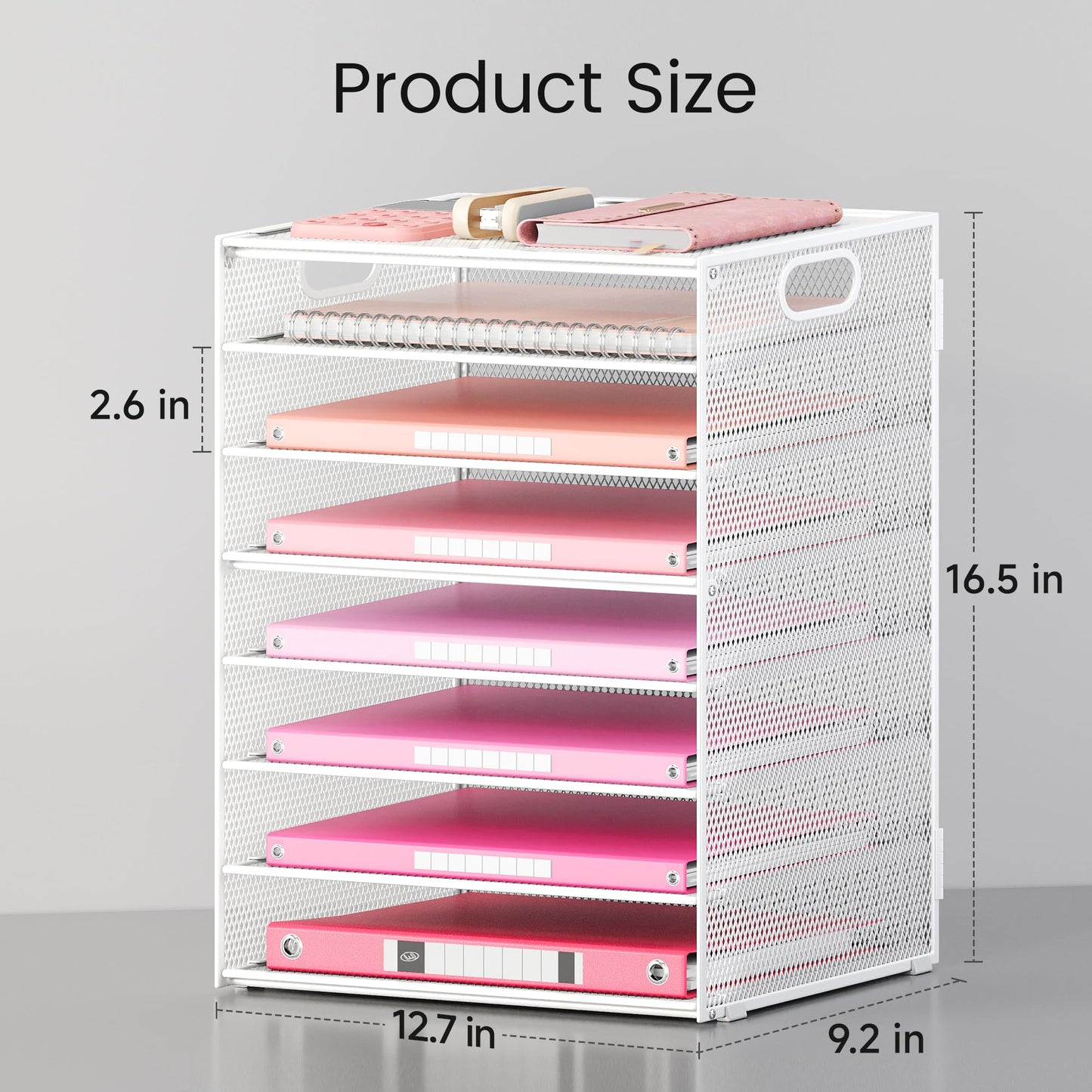 Lavatino 8-Tier Letter Tray Desk Paper Organizer, Mesh File Tray Organizer for Desk, Office Supplies & Home Organization, Fits A4 Paper, Mail, Magazines and Office Accessories (White with Handle)