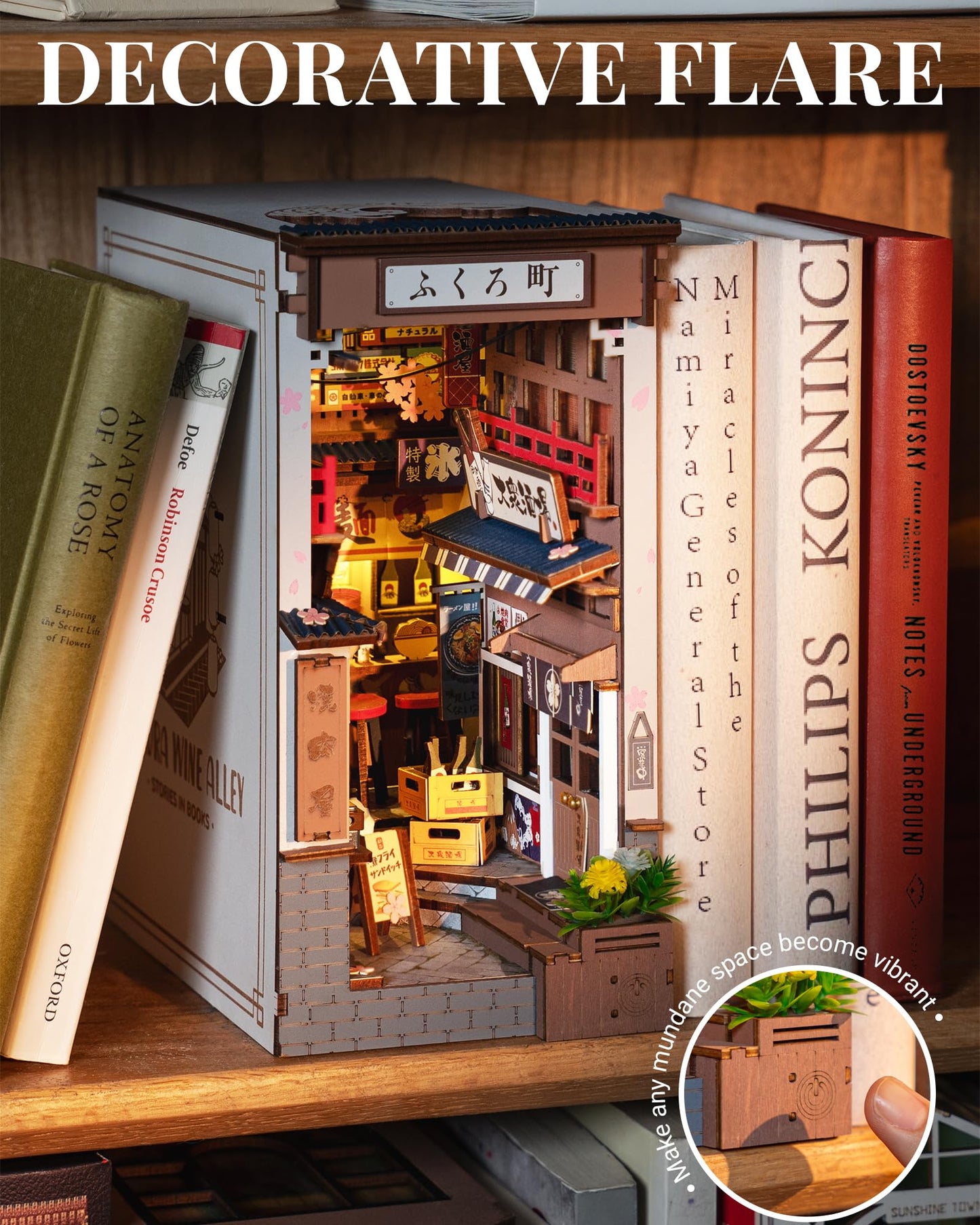 ROBOTIME Japanese Book Nook Kits, DIY Miniature House Kit for Adults 3D Wooden Puzzle, Bookends Bookshelf Diorama Creative Decorative Crafts Kits Unique Gifts for Teens & Beginners (Sakura Wine Alley)