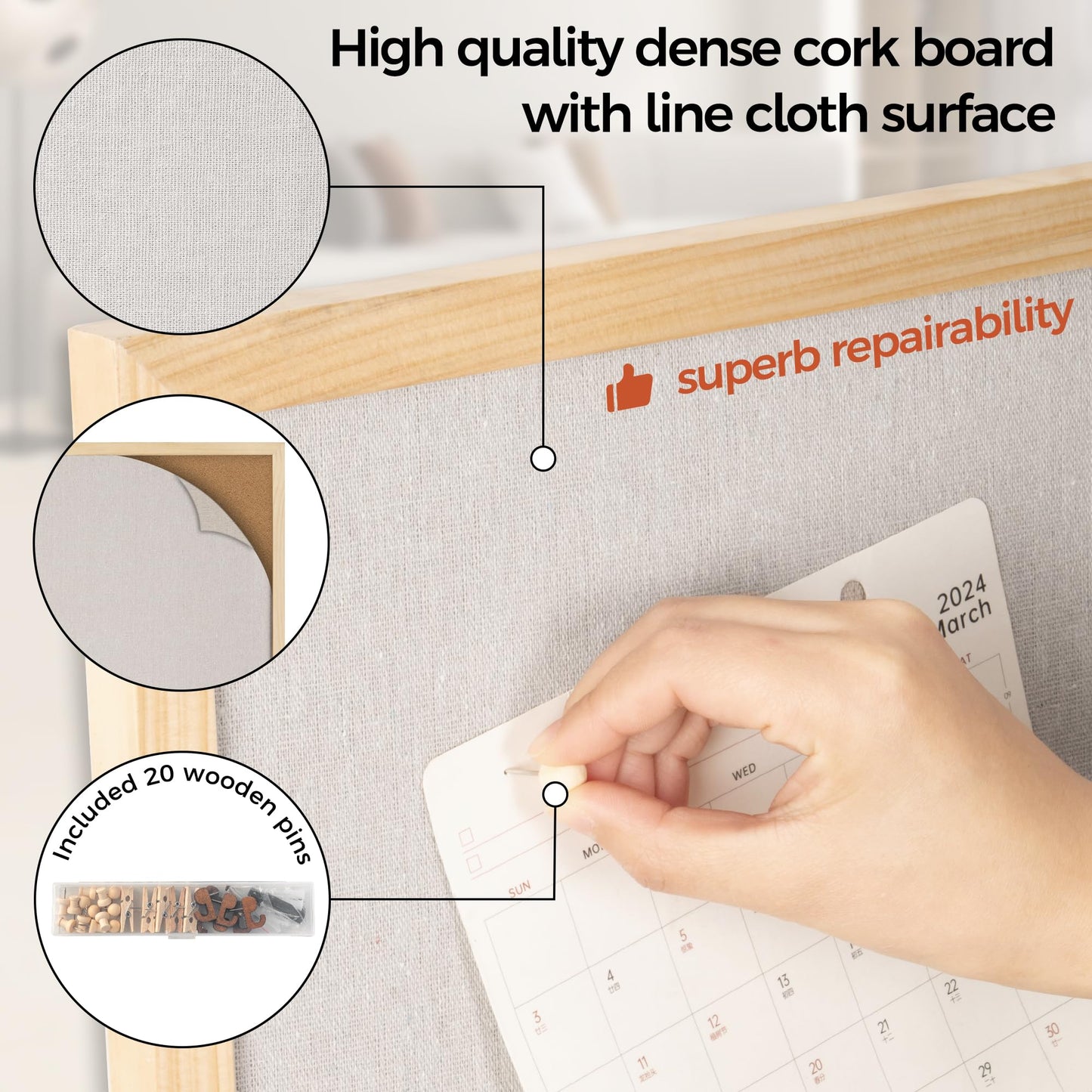 Fun Memories Cork Board Bulletin Board for Office, 24" x 36" Pine Wooden Framed Corkboard, Wall Mounted Notice Pin Board for School Home & Office, Natural Wood