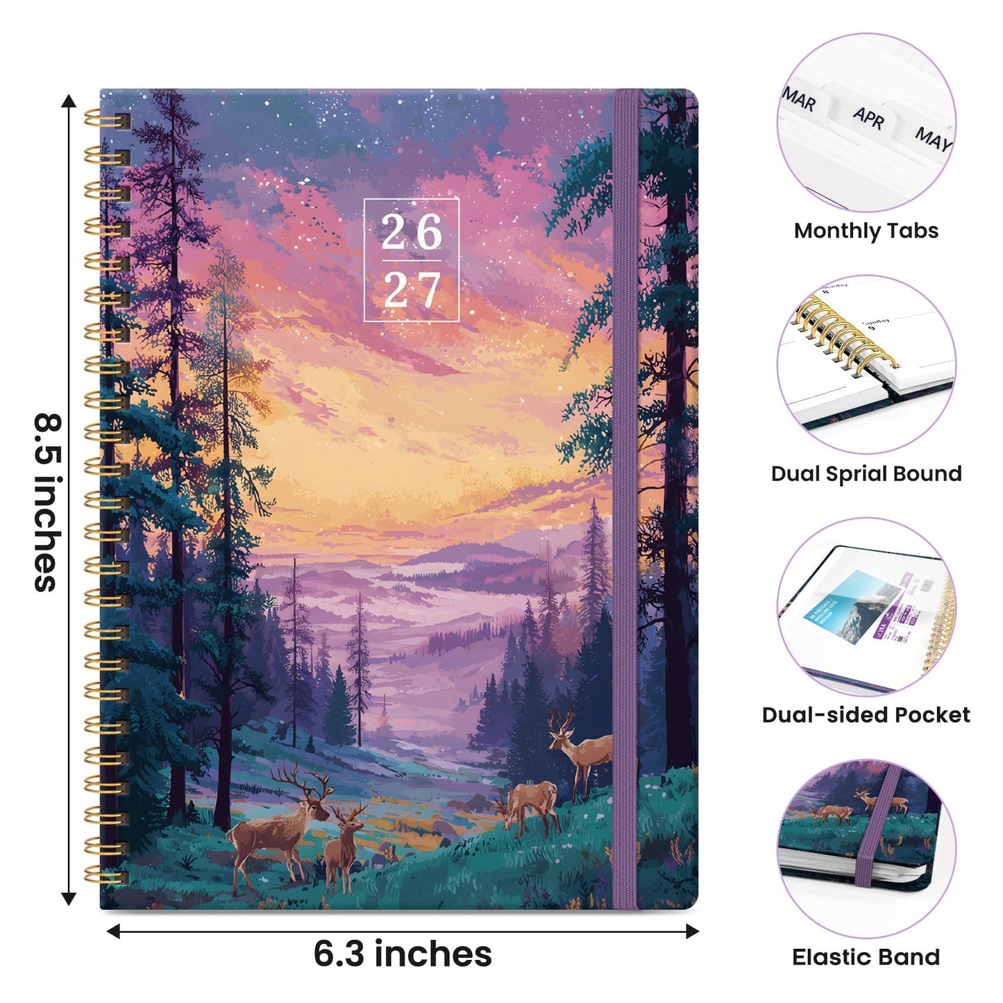 Academic Planner 2026-2027, Monthly and Weekly Calendar Planner, July 2026 - June 2027, Pretty Hardcover Teacher Student Planning Agenda Book with Tabs, Fit for School Office Supplies, 6.3" x 8.5", Aurora Valley