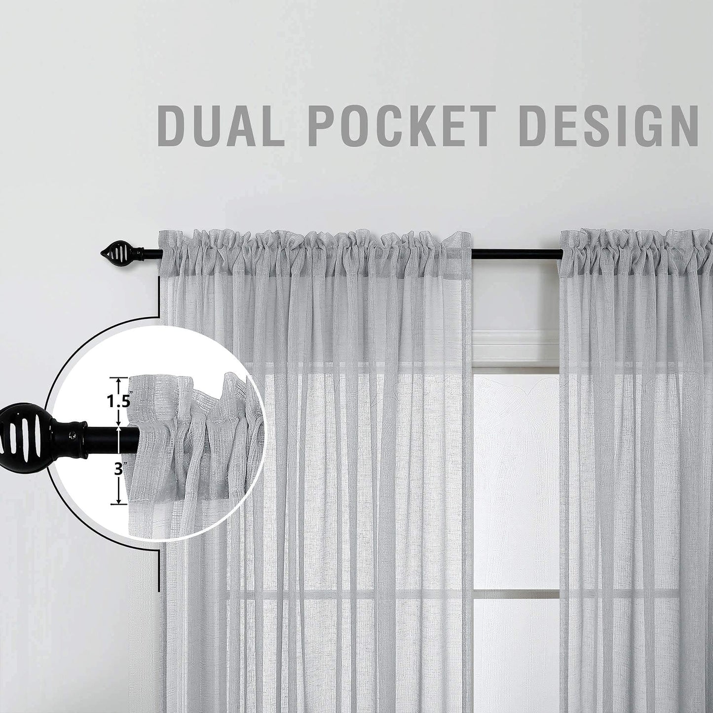 koufall Gray Linen Look Curtains 96 ines Long Set of 2 Rod Pocket Elegant Woven Textured Voile Sheer Drapes for Bedroom Living Room Patio Sliding Door Home Office Backdrop 52x96 in Length Silver Grey