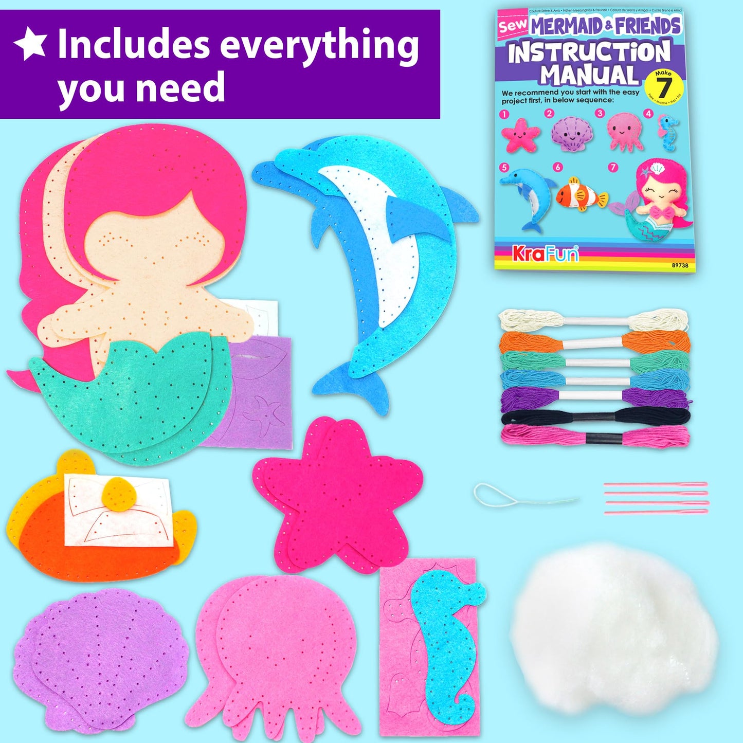 KRAFUN Mermaid Sea Animals Beginner Sewing Kit for Kids Art & Craft kit, Includes 7 Soft Plush Dolls, Instructions & Felt Materials for Learn to Sew, Embroidery Skills, Gift for Girls Educational