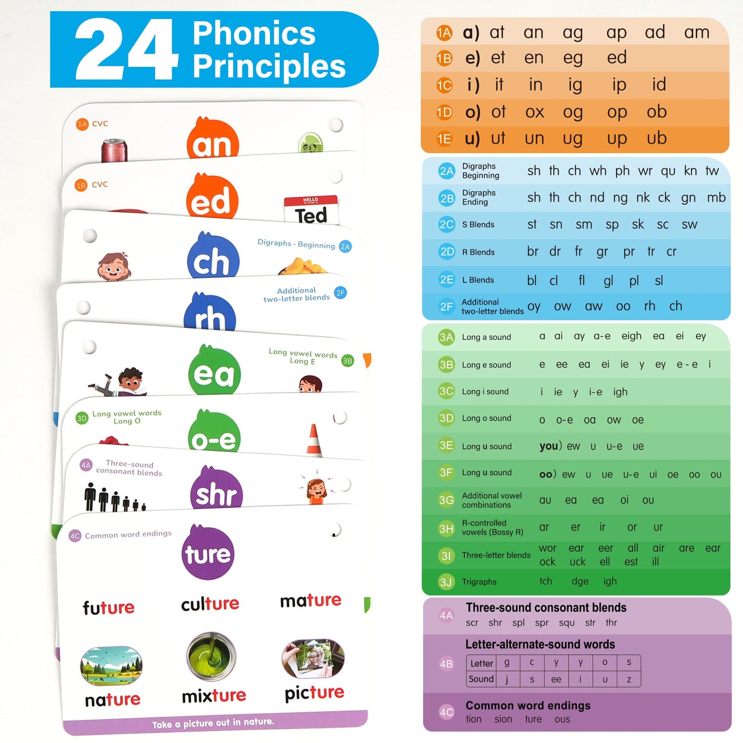 Phonics Flash Cards, 76 Cards 24 Principles, Learn to Read Phonics Games, CVC Digraphs Blends Long Vowel Sounds, Classroom Homeschool Educational Toys for Kids Ages 4-8 Kindergarten 1st 2nd Grade