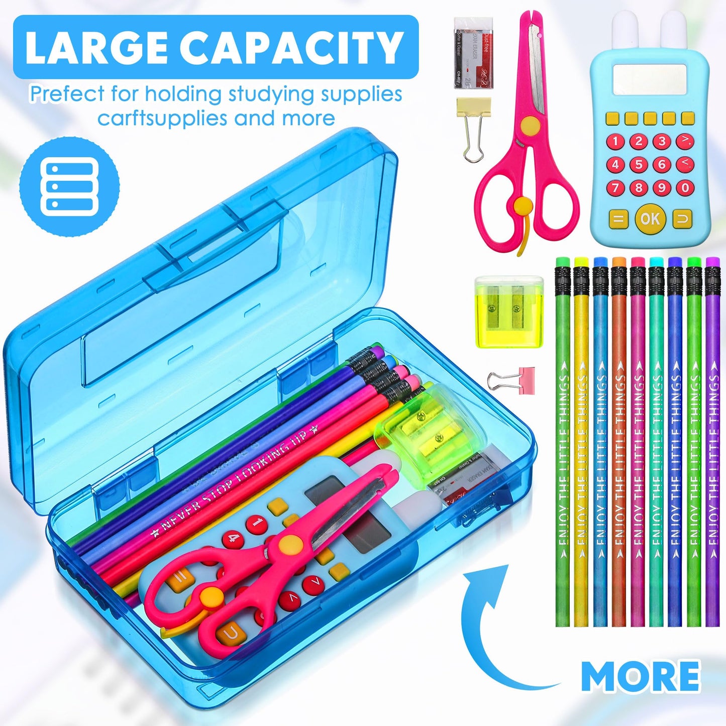 Fainne 24 Pack Pencil Boxes for School Clear Plastic Pencil Case Large Plastic Crayon Box Bulk Stackable Classroom Stationery Organizer School Supplies(Blue, Purple)