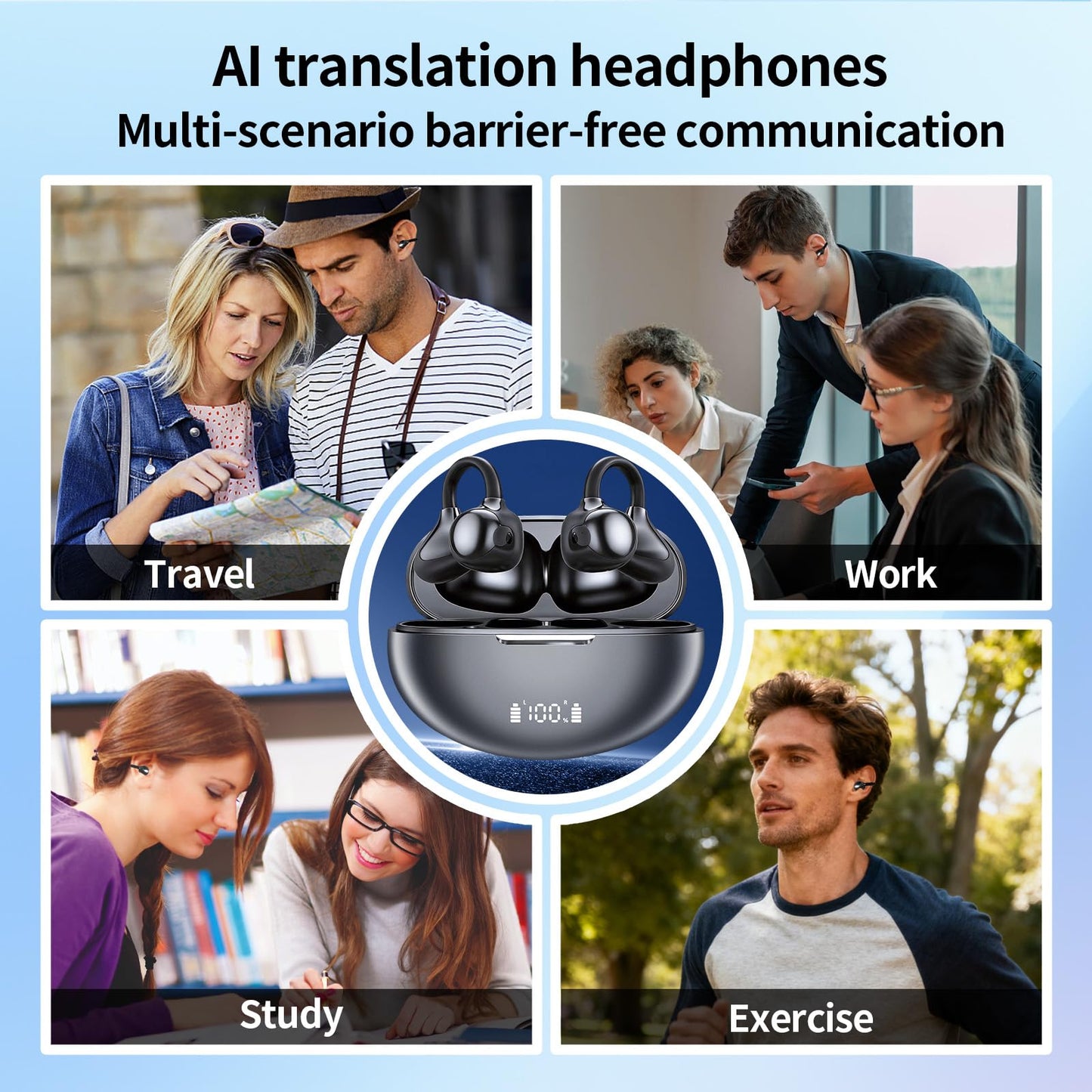 Jrrese AI Translation Earbuds Real Time, 164 Languages 80H Playtime Translator Ear Buds Audifonos Traductores Inglés Español Wireless Earphone Bluetooth AI Headphone for Travel Meeting Learning