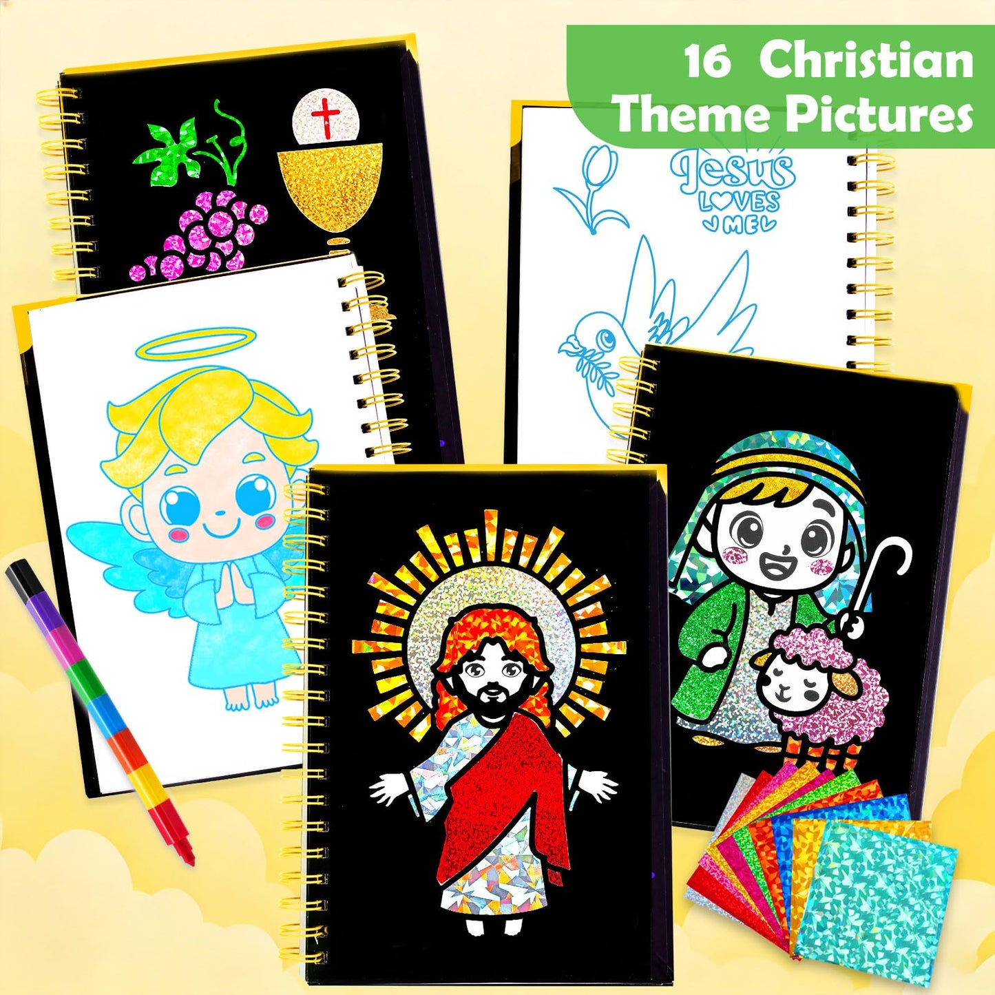 FUNNYB&G Foil Art Craft Kit for Kids 4-10 Years Old: Mess-Free & No-Glue, Create 16 Sparkly Christian Pictures – Perfect Travel Toy & Birthday Gift for Kids (Christian)