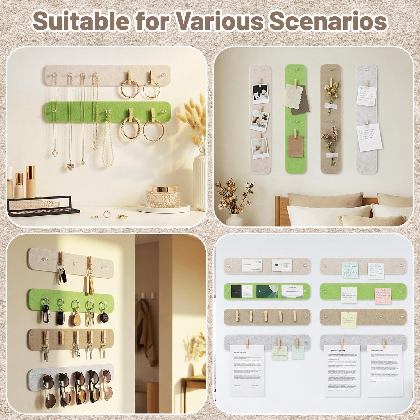 Thboxes 8 Pack Felt Bulletin Board Strips, 13x2 Inch Self Adhesive Felt Pin Boards with 50 Pushpins and 10 Wooden Clips Push Pins, Cork Board for Walls Home Office Decor(Natural Earth Tones)