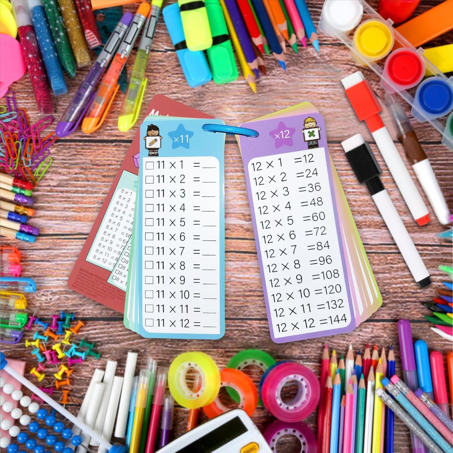 1-12 Math Flash Cards, 60Pack Large Math Addition Subtraction Multiplication Division Table Flashcards Chart, with 60 Cards, 8 Dry Erase Markers, 4 Rings, Educational Learning for Classroom Home