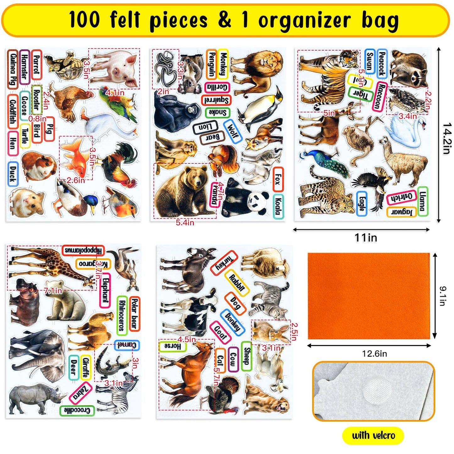 PENGFULL Felt Animals Learning Pieces,50 Wild and Farm Animal with Word Pieces for Felt Flannel Board, Montessori and Sensory Toys for 3-8 Toddlers for Kindergarten,Preschool,Toddlers