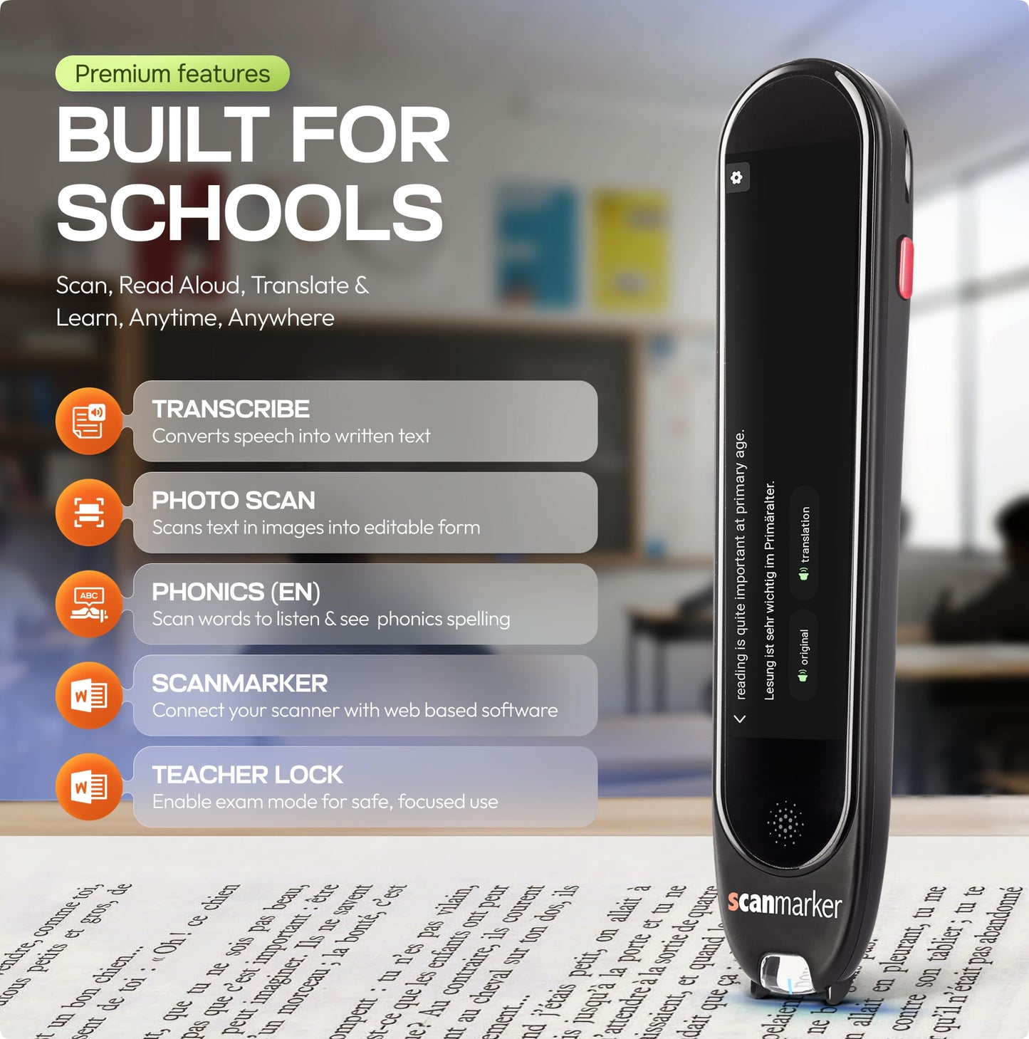 Scanmarker Max Reading Pen – Designed for Classroom Support with Phonics Assistance, Lock Function and Assistive Web App